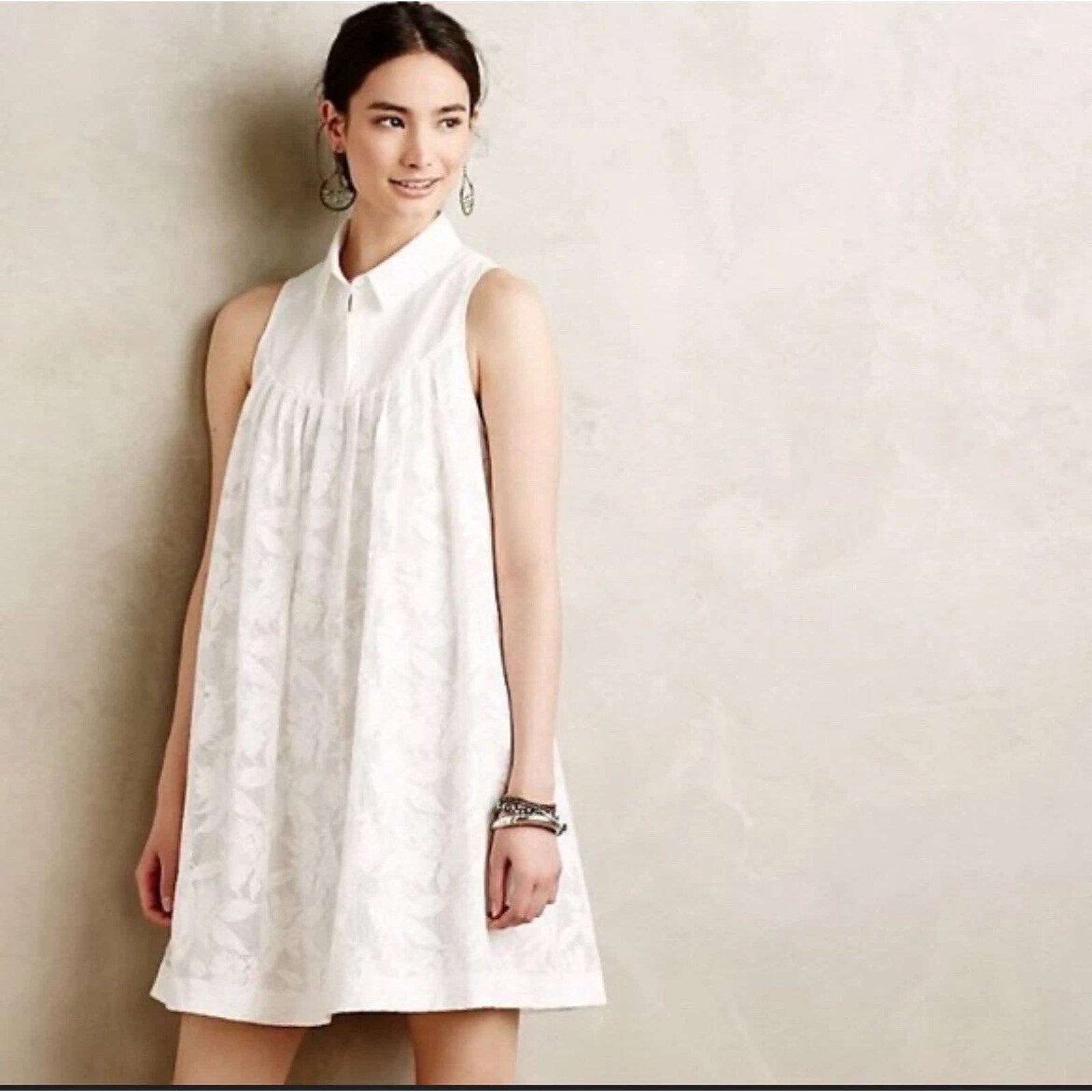 Hd Paris Anthropologie Shirt Dress Sleeveless White Floral Womens Pet S A000913